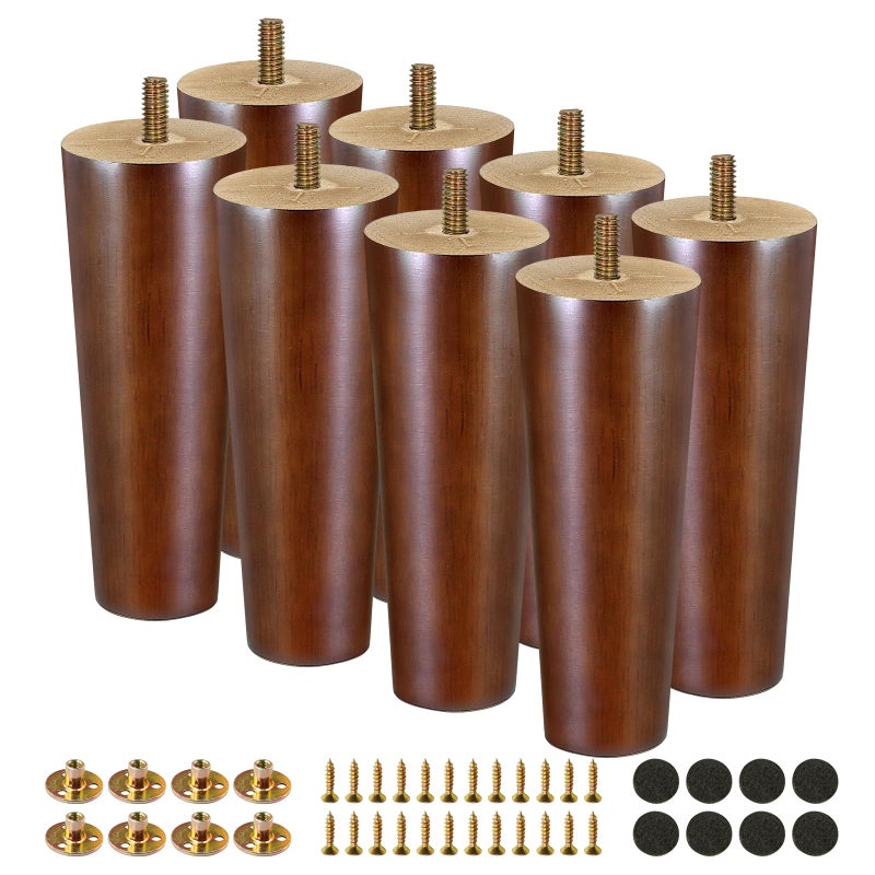 FoDau770 Brown Rubber Wood Furniture Legs 6 Inches, Straight Tapered Wood Legs Mid Century Sofa Legs Set of 8, 5/16"" UNC Furniture Feet Replacement Legs for Sofa Couch Dresser Chair Ottoman - Image 1